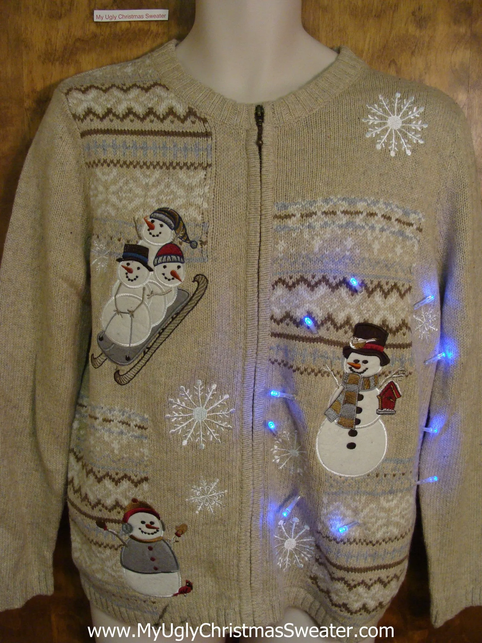 Tan Light Up Ugly Xmas Sweater with Sledding Snowman