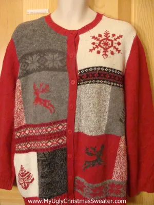 Ugly Christmas Sweater Cardigan Reindeer Snowflakes