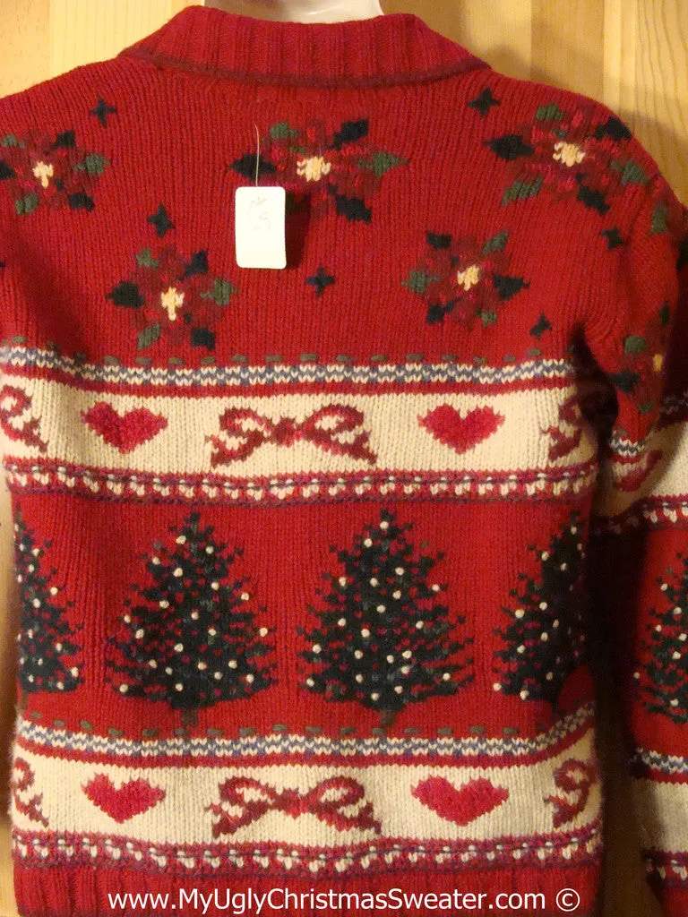 Ugly Christmas Sweater Party  Tacky Festive Cardigan Sweater with Trees, Hearts, Bows, and Poinsettias (v29)