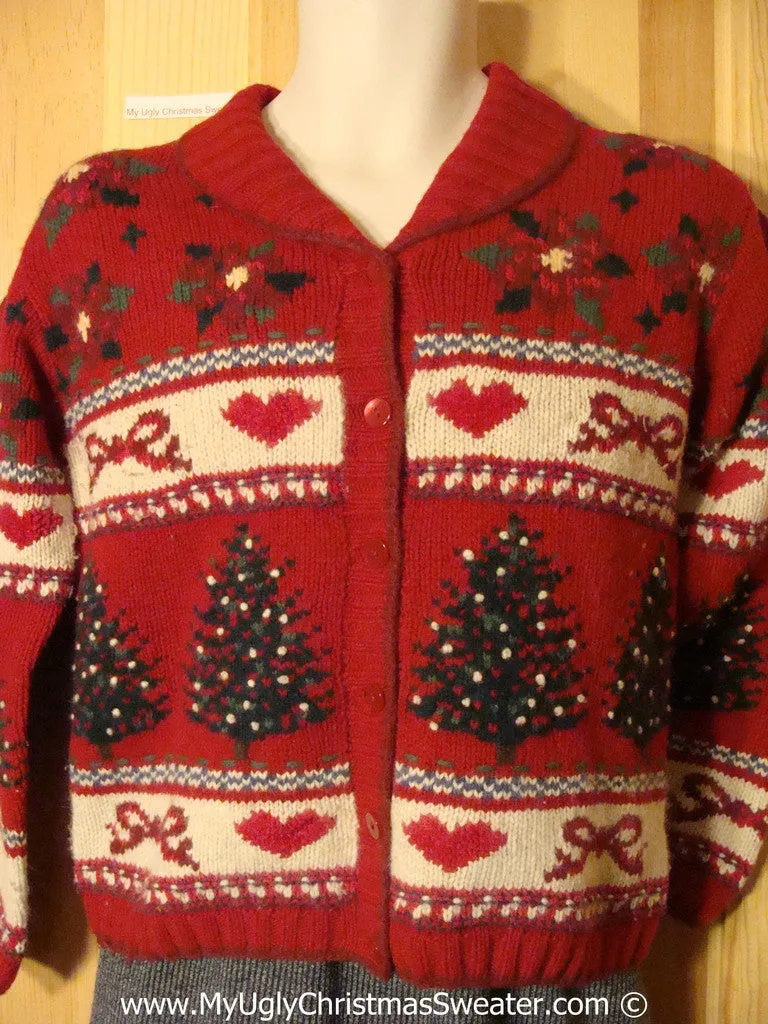 Ugly Christmas Sweater Party  Tacky Festive Cardigan Sweater with Trees, Hearts, Bows, and Poinsettias (v29)