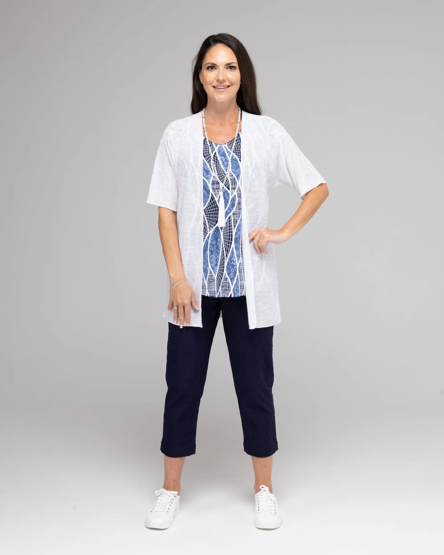 White Poly Rayon Short Sleeve Cardigan