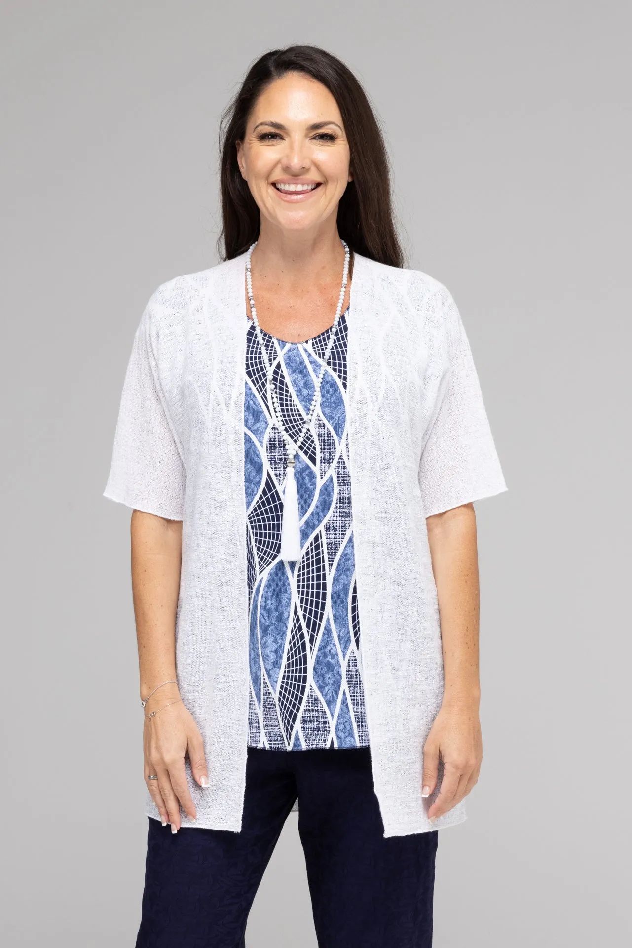 White Poly Rayon Short Sleeve Cardigan