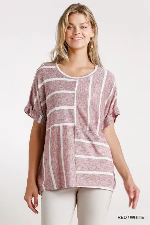 Women's Horizontal And Vertical Striped Short Folded Sleeve Top With High Low Hem